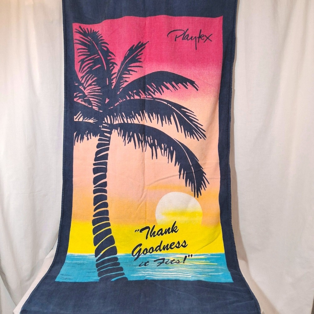 Vintage 1980s Playtex Promo Beach Towel Tropical Sunset Palm Tree 60x30